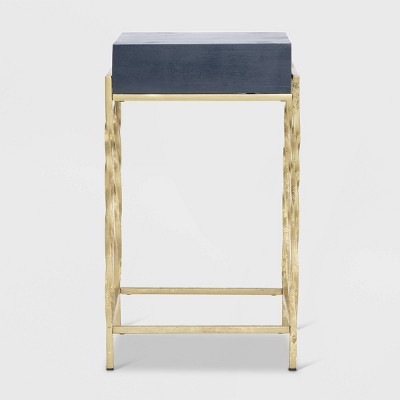 Navy Blue Mango Wood Accent Table with Gold Metal Frame