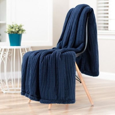 Navy Blue Cable Knit and Sherpa Reversible Throw Blanket 50" x 65"