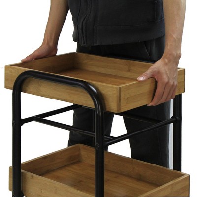 Black and Natural Bamboo 3-Tier Portable Storage Cart