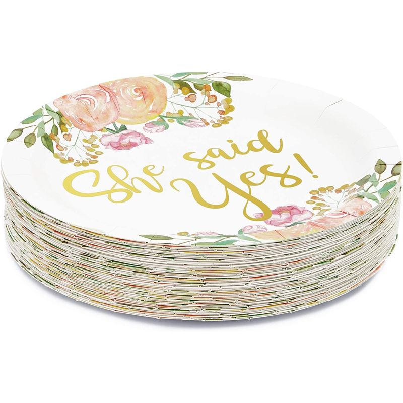 Sparkle and Bash 48-Pack Gold Foil She Said Yes Plates for Engagement Party, Bridal Shower Decorations, Bachelorette Supplies, Floral Design, 9 In, 4 of 8