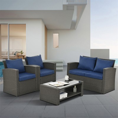 ELJGET 4-Piece Outdoor Patio Furniture Sets, Wicker Conversation Set for Porch Deck, Rattan Sofa Chair with Cushion