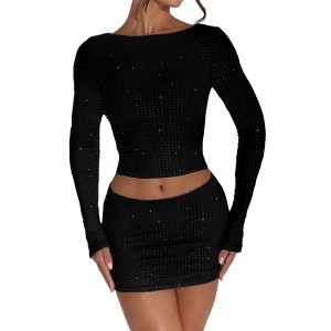 Women's Rhinestone Two-Piece Set Long Sleeve Crop Top and Mini Skirt Outfit - 1 of 2