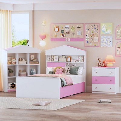 3-Pieces Bedroom Sets, Twin Size House-Shaped Bed With Storage Drawers, Nightstand With Colorblock Design, House-Shaped Stroage Rack-Cuddlewood