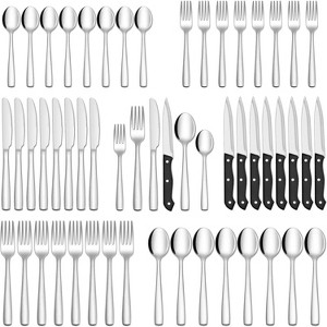 Angel Sar 48-Piece Stainless Steel Silverware Set with Steak Knives, 18/8 Flatware for 8, Mirror Polished Cutlery Set, Dishwasher Safe - 1 of 4