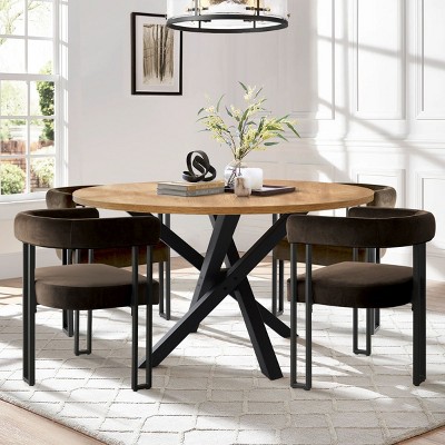 5-Piece Dining Set for 4 Round Dining Table with Velvet Upholstered Chairs and Crossed Metal Legs For Dining Room, Living Room, Farmhouse-Tanpinhause
