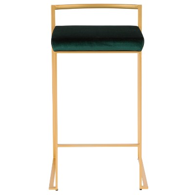 Fuji Glam Gold Frame with Green Velvet Cushion Counter Stool - Set of 2