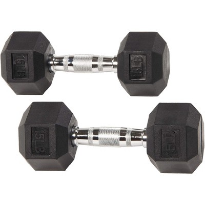 Sporzon Exercise Equipment Rubber Encased Pair of Hexagon Handheld Weight Dumbbells with Contoured Non Slip Handles for Home Fitness, 15 Pounds