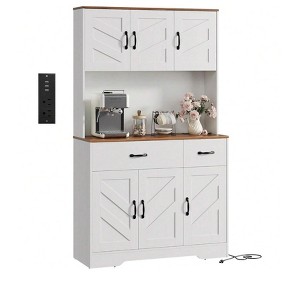 Coucheta 71" Pantry Cabinet with Charging Station - Farmhouse Hutch with Drawers, Countertop & Adjustable Shelves for Kitchen in White & Black - 1 of 4