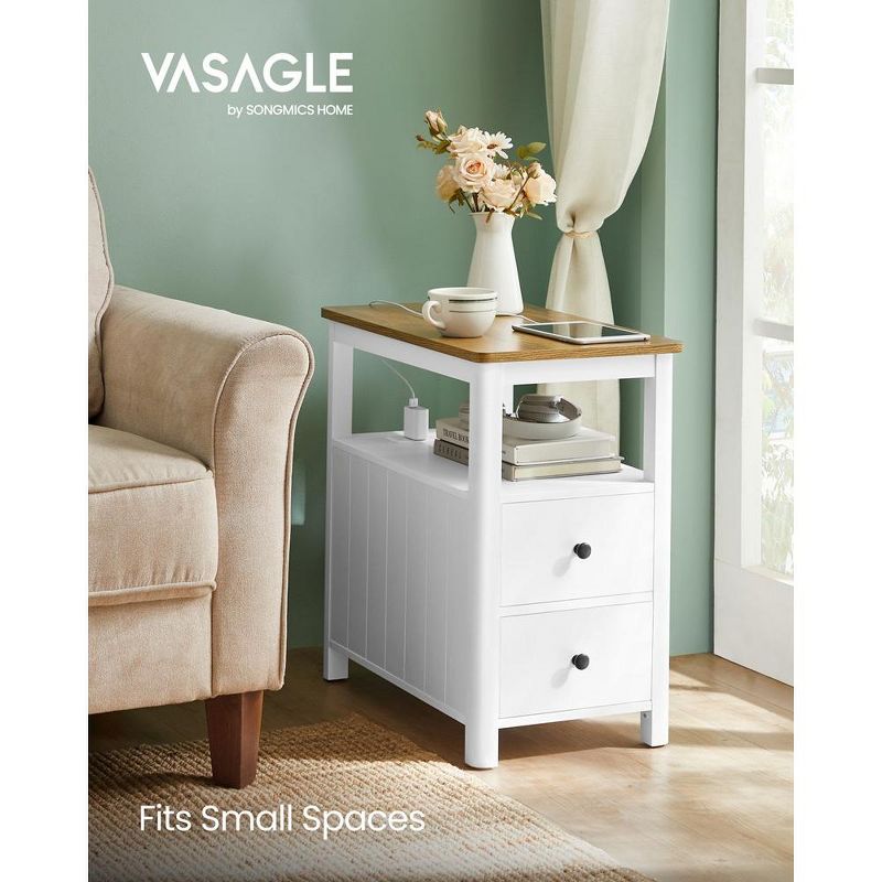 VASAGLE Side Table with Charging Station, Narrow Nightstand with 2 Drawers, Living Room End Table with Storage, 3 of 11