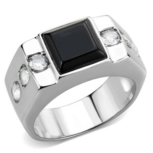 Slickblue Men’s Polished Stainless Steel Ring, Jet Onyx Center with Clear Accents, Bold Statement, Sizes 8-13 - 1 of 4