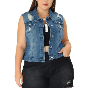 Agnes Orinda Women's Plus Size Buttons with Two Chest Flap Pockets Denim Vests - 1 of 4