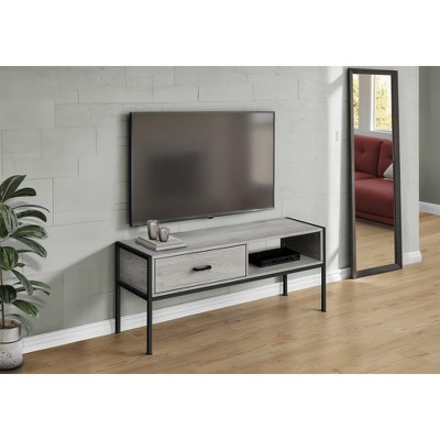 48" Wood TV Stand with Black Metal Frame, Open Back Shelf, and Reversible Drawer for Living Room