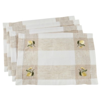 Saro Lifestyle Embroidered Lemon Hemstitch Placemat (Set of 4 pcs), Ivory