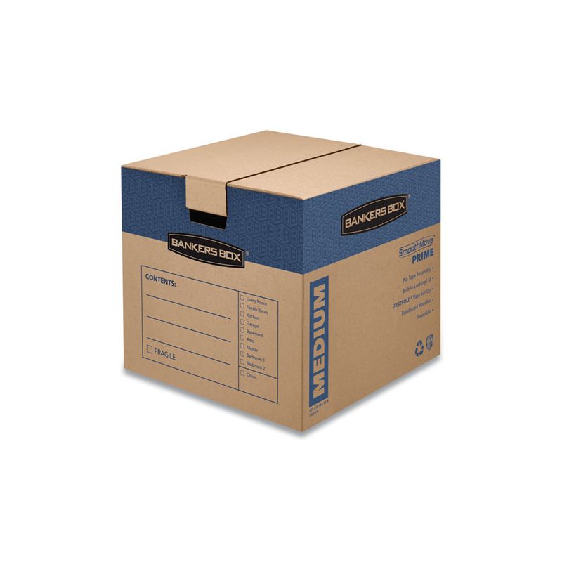 Bankers Box SmoothMove Prime Moving/Storage Boxes, Hinged Lid, Regular Slotted Container, Medium, 18" x 18" x 16", Brown/Blue, 8/Carton, 1 of 8