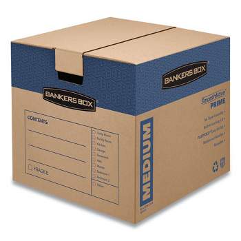 Bankers Box SmoothMove Prime Moving/Storage Boxes, Hinged Lid, Regular Slotted Container, Medium, 18" x 18" x 16", Brown/Blue, 8/Carton