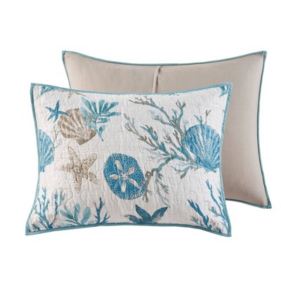 King Aqua Cotton Reversible Coastal Quilt Set