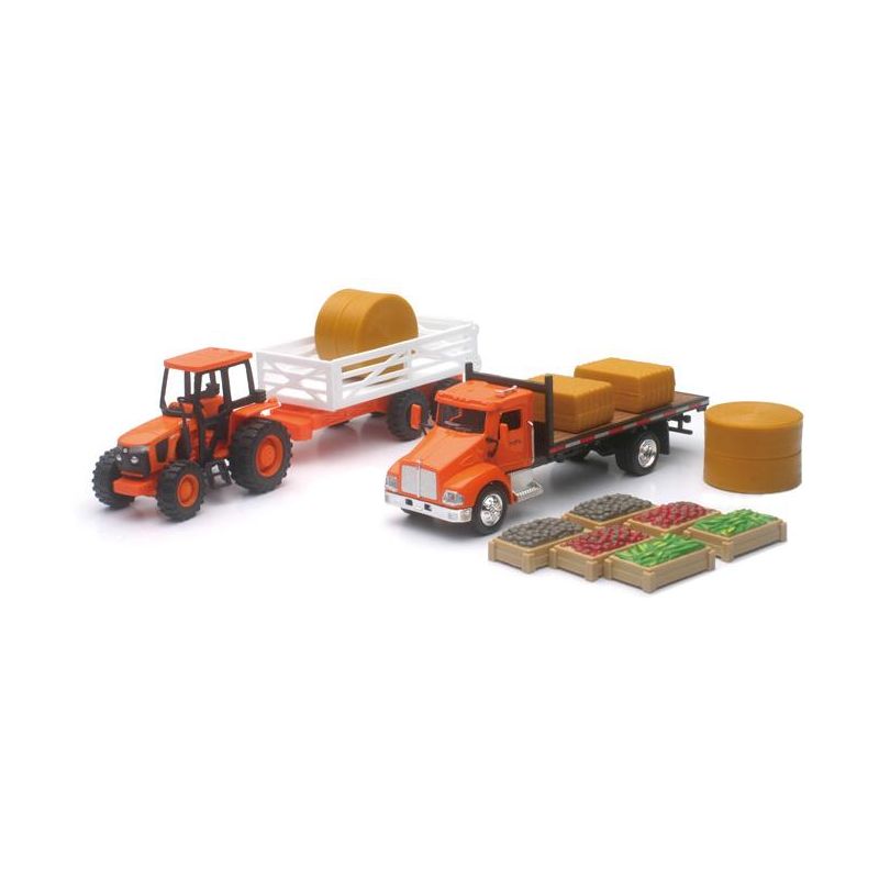 New Ray 1/43 Kubota Farm Tractor Play Set with Truck, Trailer, Crates, & Bales SS-15815A, 1 of 3