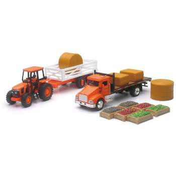 New Ray 1/43 Kubota Farm Tractor Play Set with Truck, Trailer, Crates, & Bales SS-15815A