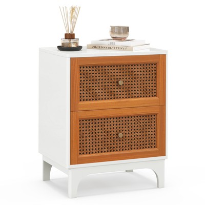 Tangkula 1/2 pcs Rattan Nightstand Boho Accent Table with 2 Handwoven Rattan Decorated Drawers Bedside Table with Solid Wood Legs