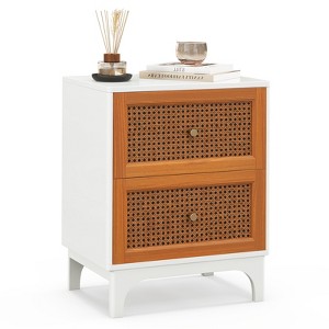 Tangkula 1/2 pcs Rattan Nightstand Boho Accent Table with 2 Handwoven Rattan Decorated Drawers Bedside Table with Solid Wood Legs - 1 of 4