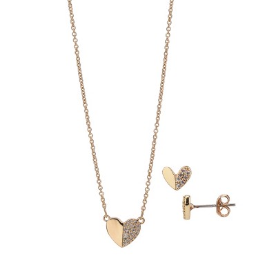 FAO Schwarz Gold Tone and Clear CZ Stone Heart Pendant Necklace and Earring Set