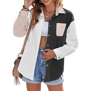 Zeagoo Womens Color Block Button Down Shirts Long Sleeve Linen Shirt Oversized Cotton Blouses Tops with Bust Pocket - 1 of 2