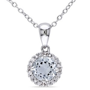 EVERLY JEWELRY | Sterling Silver 1/10 CT TW Diamond and Aquamarine Halo Pendant with Chain, 18 inc - 1 of 4