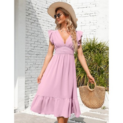 Women's Summer V Neck Short Sleeve Dress High Waist A line Dress Flowy Ruffle Shirred Swing Midi Dresses