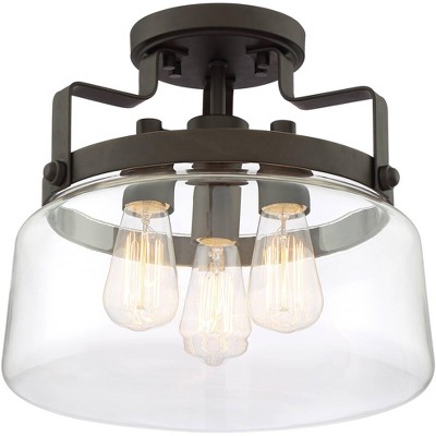 Franklin Iron Works Farmhouse Ceiling Light Semi Flush Mount Fixture Bronze 13 1/4" Wide Clear Glass Bedroom Kitchen Living Room
