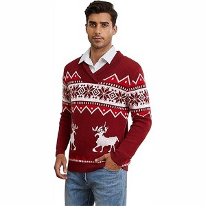 Clearlove Mens Ugly Christmas Sweaters Snowflakes Holiday Reindeer Printed Shawl Collar Knitted Long Sleeve Pullover Jumpers - 1 of 4