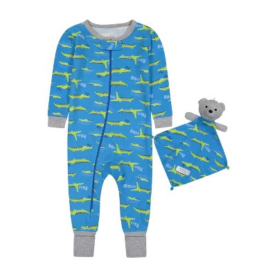 Image of Sleep On It Infant Boys Long Sleeve Super Soft Snuggle Jersey Zip-Up Coverall Pajama with Matching Blankey Buddy - Little Gator - Blue, Size: 18M