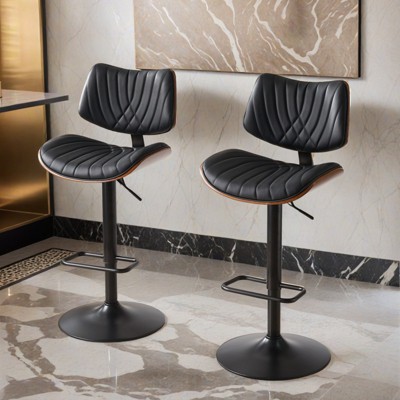 Set of 2  Walnut Bentwood Bar Stools Mid Century Modern Adjustable Counter Height Black Leather Upholstered 360°Swivel Bar Chairs - Leovsnove