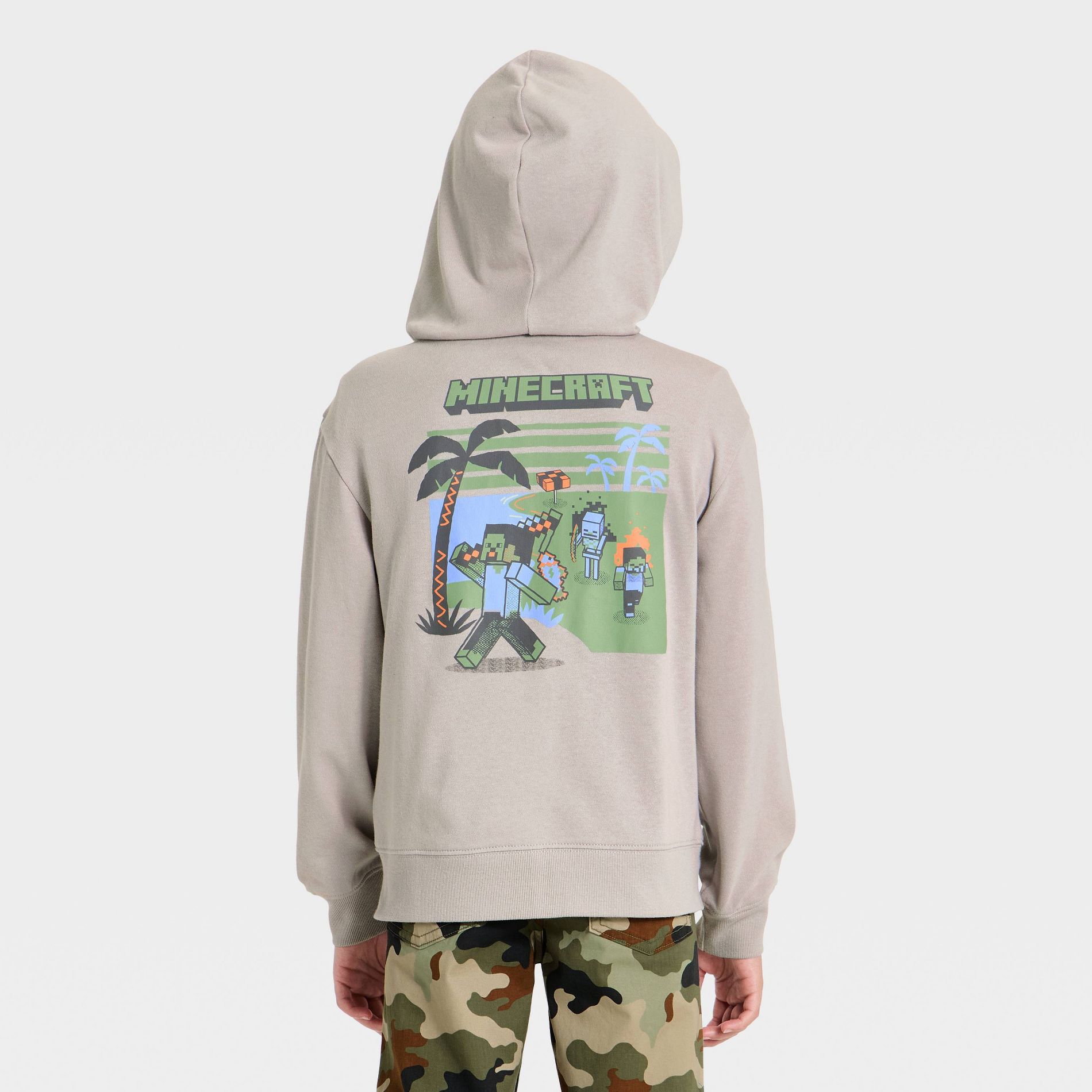 Boys' Minecraft Creeper Sea Crafting Front and Back Graphic Athletic Zip-Up Hooded Sweatshirt - Gray