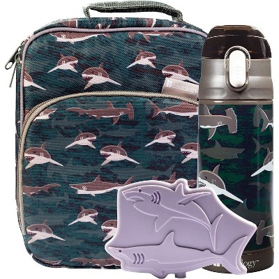 Bentology Lunch Bag Set w Matching Reusable Water Bottle & Hard Ice Pack- Blue Fish Sharks- Insulated Tote, Thermos, Hard Ice Pack- Kids, Boys & Girls