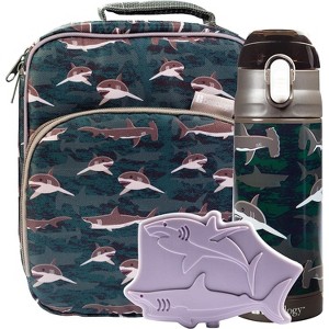 Bentology Lunch Bag Set w Matching Reusable Water Bottle & Hard Ice Pack- Blue Fish Sharks- Insulated Tote, Thermos, Hard Ice Pack- Kids, Boys & Girls - 1 of 4