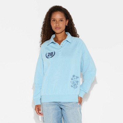 Women's NYC Button-Front Graphic Pullover Sweatshirt - Light Blue - image 2