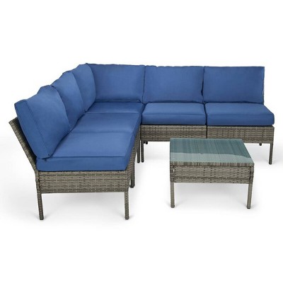 6pc Wicker Patio Sectional Seating Set - Blue - EDYO LIVING