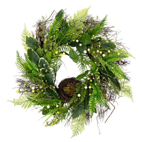 Northlight Green and Brown Foliage Artificial Spring Wreath with Nest - 24" - Unlit - image 1 of 4