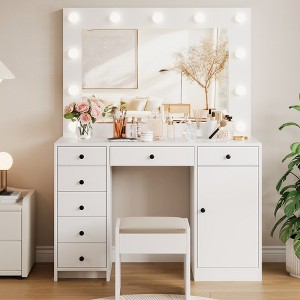 Vanity Desk with Mirror and Light, Makeup Vanity Table with Charging Station, 7 Storage Drawers, 1 Cabinet, 3 Color Lighting Modes - 1 of 4