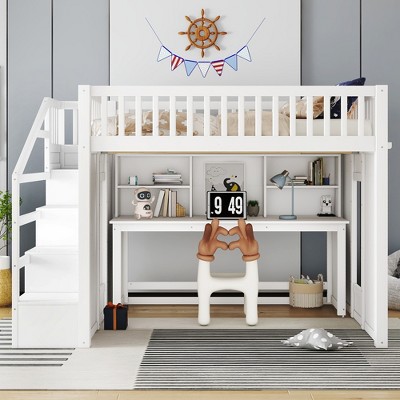 Twin/Full Size Loft Bed with Movable Desk, Storage Stairs & Shelves - ModernLuxe