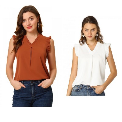 Allegra K Women's Ruffled Sleeveless Work Business Vintage Blouses 2 Packs