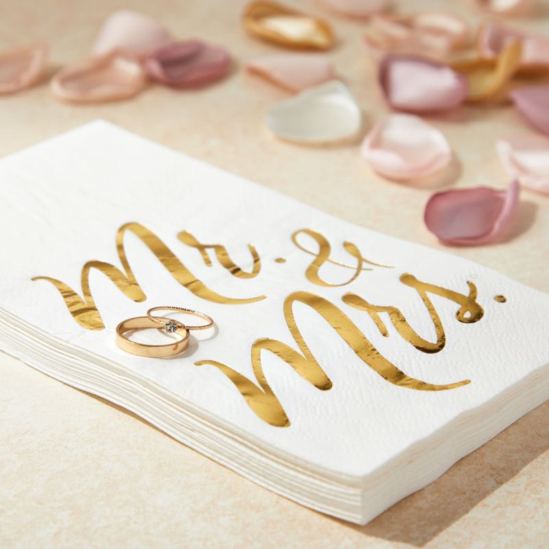 50 Pack Mr and Mrs Napkins, Disposable Wedding Dinner Napkins for Reception, Rehearsal Dinner Party, Gold Foil, 3-Ply, 4 x 8 In, 4 of 10