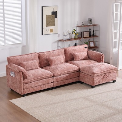 MOONMISS 112" Oversized Chenille L Shaped Sectional Sofa Cloud Couch with Movable Storage Ottoman, Phone Holder, USB Charging Port