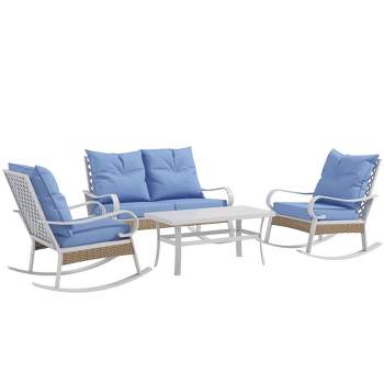 Outsunny 4 Piece Patio Furniture Set with Loveseat Sofa, Rocking Chairs, Coffee Table, Outdoor Conversation Set, Light Blue