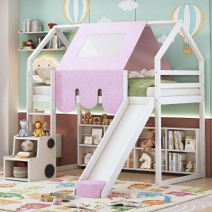 Polibi Loft Playhouse Bed with Slide, Tent Canopy & Built-in Storage - 1 of 4