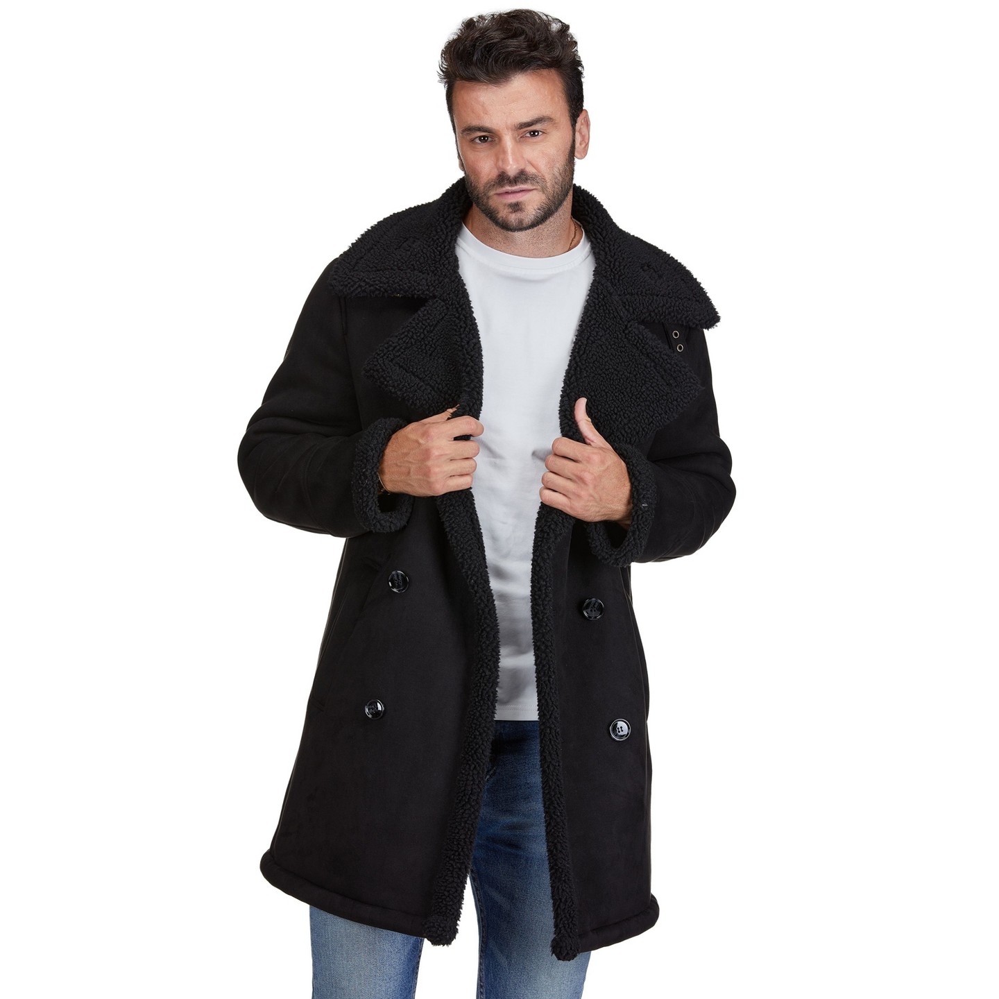 Мужское пальто Braveman Faux Shearling Double Breasted Overcoat, Brown, Small, цвет: Чёрный — фото 2