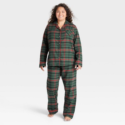Women's Tartan Plaid 2pc Pajama Set Dark Green/Red - Hearth & Hand™ with Magnolia XS