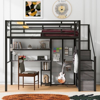 YOOCOZZ Full Size Metal Loft Bed with Built-In Desk, Shelves, Storage Staircase, Grid Boards and Wardrobe