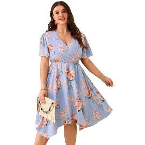 Women's V - Neck Floral Dress with Asymmetric Hem, Short - Sleeve Flowy Midi Dress for Casual & Summer Outings - 1 of 4