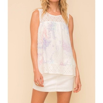 Women's TIE DYE SWISS DOT LACE YOKE BLOUSE TOP - Hem & Thread